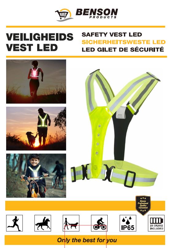 LED veiligheidsvest – Gewicht 130 gram, Kleur Geel, Materiaal Kunststof, Waterbestendig
