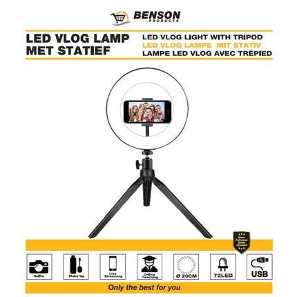 LED Vlog Lamp 20 cm: Dimbare 72 LED, Tafelstatief, 3 Kleurmodi