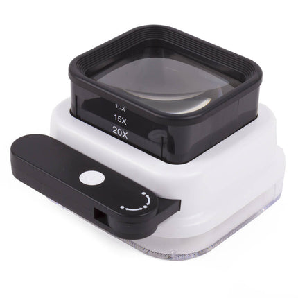 Loupe met 4x LED & 4x UV, uitschuifbare lens, ideaal voor details bekijken.