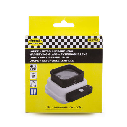 Loupe met 4x LED & 4x UV, uitschuifbare lens, ideaal voor details bekijken.
