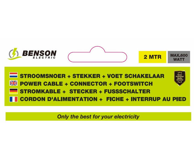 Wit Stroomsnoer 2m met Euro Stekker en Voetschakelaar, 600W Max.