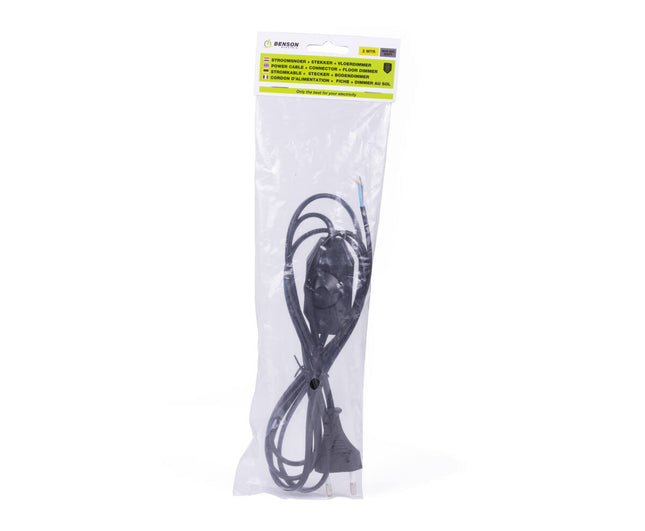 Stroomsnoer 2m met Vloerdimmer & Stekker, Zwart, voor LED/Halogeen