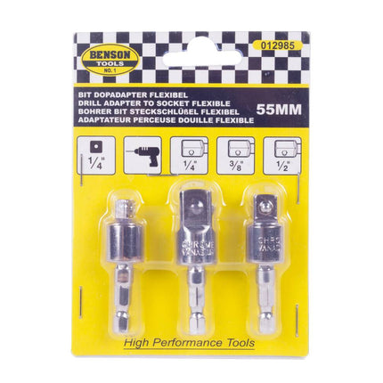 Flexibler Bit-Steckschlüsseladapter 55 mm: Passend für 1/4", 3/8", 1/2", ideal für enge Räume.