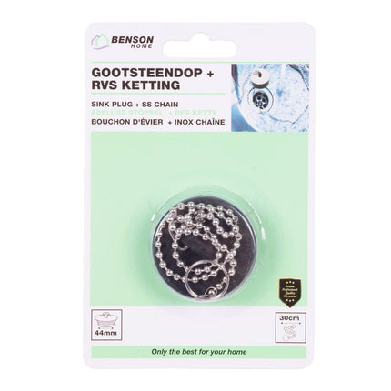 Spülbeckenstöpsel 44 mm Edelstahl, 30 cm Kette, passend für Standardabflüsse.