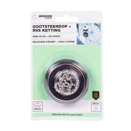 Gootsteendop 40mm RVS Ketting 30cm, Voor Standaard Afvoerafsluiting
