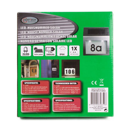 LED Huisnummer Solar RVS, 2 LED, IP44, 1,2V 200mAh, Buitenverlichting
