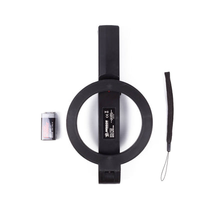 Metaaldetector 39cm, LED/geluidsalarm, Ø132mm detectiering, 204g.