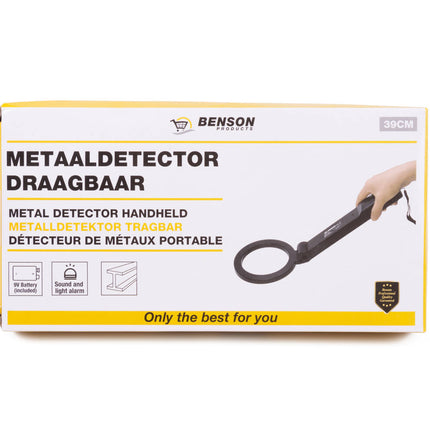 Metaaldetector 39cm, LED/geluidsalarm, Ø132mm detectiering, 204g.