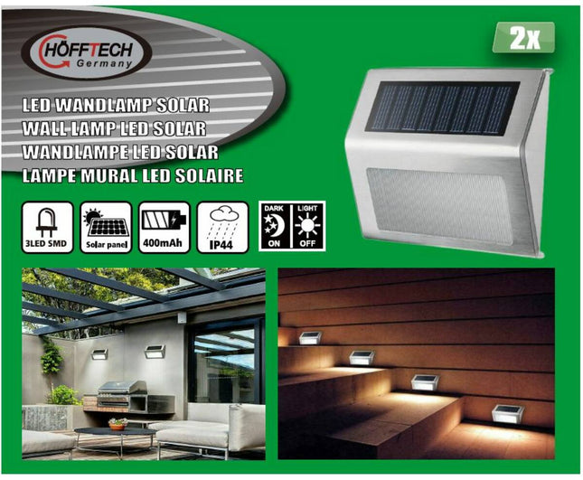 Solar LED Wandlamp RVS 1.2V 400mAh, 2 dlg, ideaal voor buitenverlichting