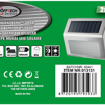 Solar LED Wandlamp RVS 1.2V 400mAh, 2 dlg, ideaal voor buitenverlichting