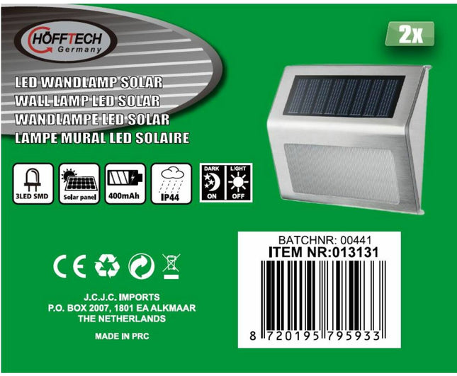 Solar LED Wandlamp RVS 1.2V 400mAh, 2 dlg, ideaal voor buitenverlichting