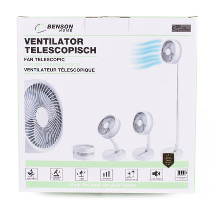 Telescopische Oplaadbare Ventilator, 24u Accu, 3 Snelheden, Draagbaar