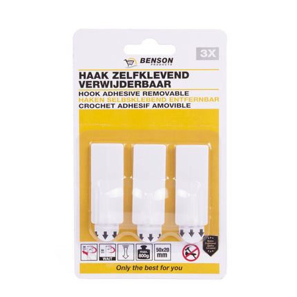 Witte Zelfklevende Haken 3 dlg, 5x2 cm, Ideaal voor Keuken & Badkamer