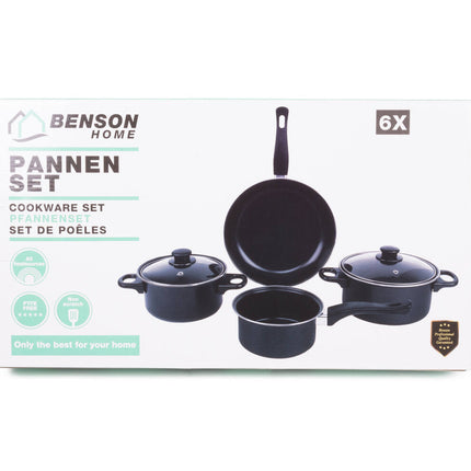 Pannenset 6-delig: 25cm koekenpan, 16cm steelpan, 2 pannen met deksel
