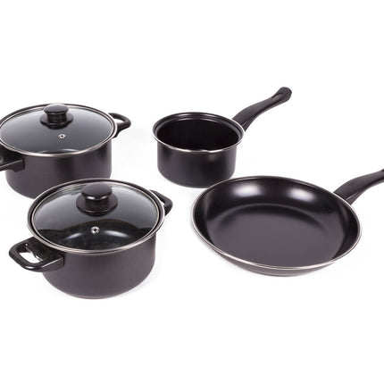 Pannenset 6-delig: 25cm koekenpan, 16cm steelpan, 2 pannen met deksel