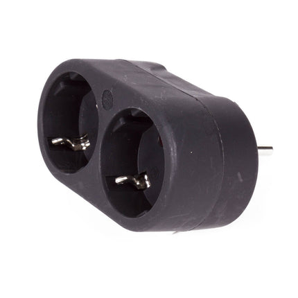 Stekker Duo Verloop 16A/250V Zwart, ideaal voor krappe ruimtes.
