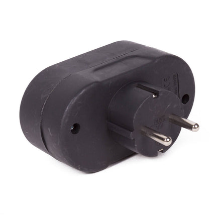 Stekker Duo Verloop 16A/250V Zwart, ideaal voor krappe ruimtes.