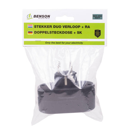 Stekker Duo Verloop 16A/250V Zwart, ideaal voor krappe ruimtes.