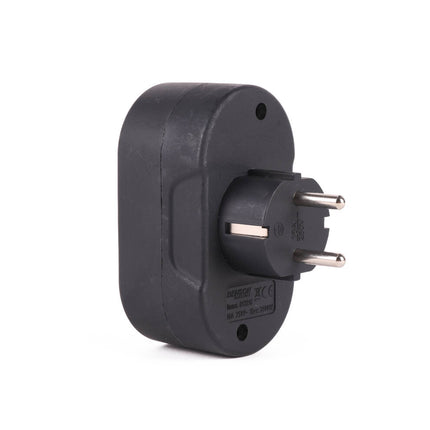 Stekker Duo Verloop 16A/250V Zwart, ideaal voor krappe ruimtes.