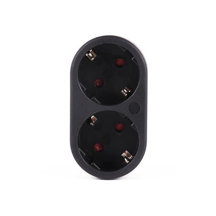 Stekker Duo Verloop 16A/250V Zwart, ideaal voor krappe ruimtes.
