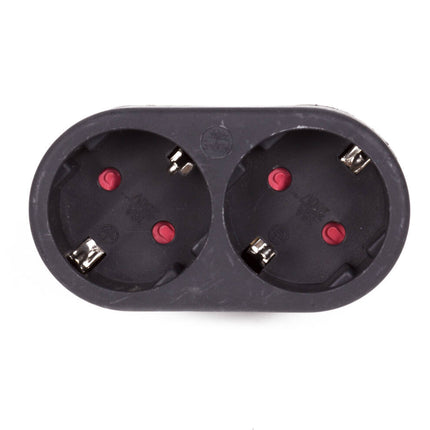 Stekker Duo Verloop 16A/250V Zwart, ideaal voor krappe ruimtes.