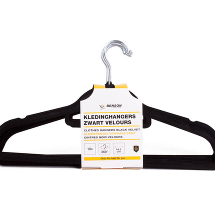 Zwart Velours Hangers 10 Stuks: 360° Haak, Anti-Slip, 44,5 cm Lang