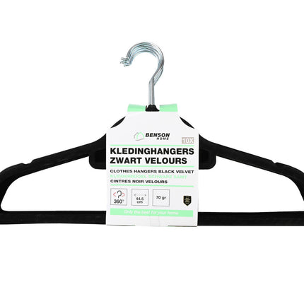 Zwart Velours Hangers 10 Stuks: 360° Haak, Anti-Slip, 44,5 cm Lang
