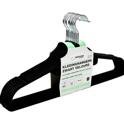 Zwart Velours Hangers 10 Stuks: 360° Haak, Anti-Slip, 44,5 cm Lang