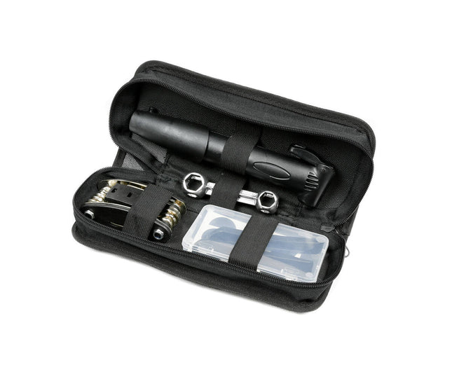 Fietsreparatieset: Minipomp, 16-in-1 Tool, Bandenlichters, Etui.