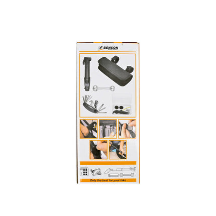 Fietsreparatieset: Minipomp, 16-in-1 Tool, Bandenlichters, Etui.