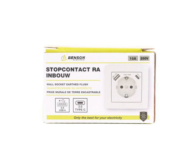 Stopcontact RA Inbouw 250V 16A met USB-A/C 18W Wit voor Opladen