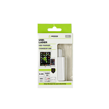 Witte USB-C Lader 5V/2.2A, ideaal voor smartphones en tablets.