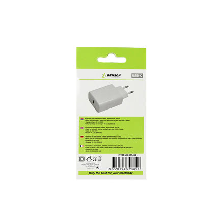 Witte USB-C Lader 5V/2.2A, ideaal voor smartphones en tablets.
