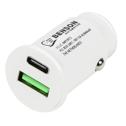 Autolader 12-24V, USB + USB-C, Oplaadt Smartphone & Tablet