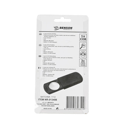 Loupe LED 8X 35mm met ingebouwde LED-lamp en 3X LR44 batterijen.