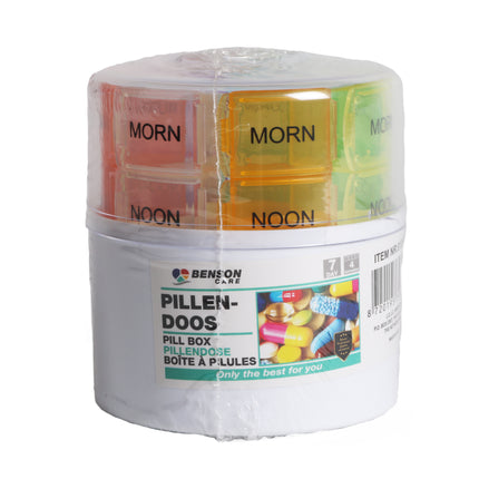 Pillendoos 7 dagen – Afmeting Ø 85 x 95 mm, Materiaal kunststof, 95 mm, Voor onderweg