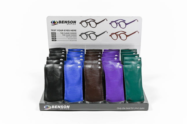 Leesbril rome + hoes mix display – Kleuren zwart, groen, paars, bruin, blauw