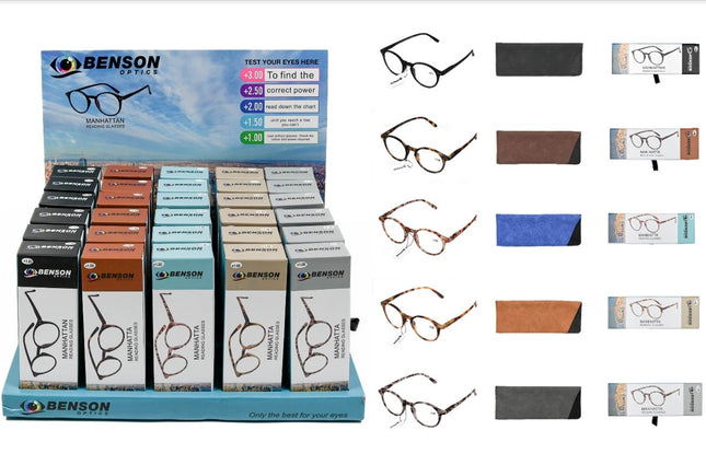 Leesbril manhattan mix display – Kleuren zwart, grijs, beige, bruin, blauw/bruin