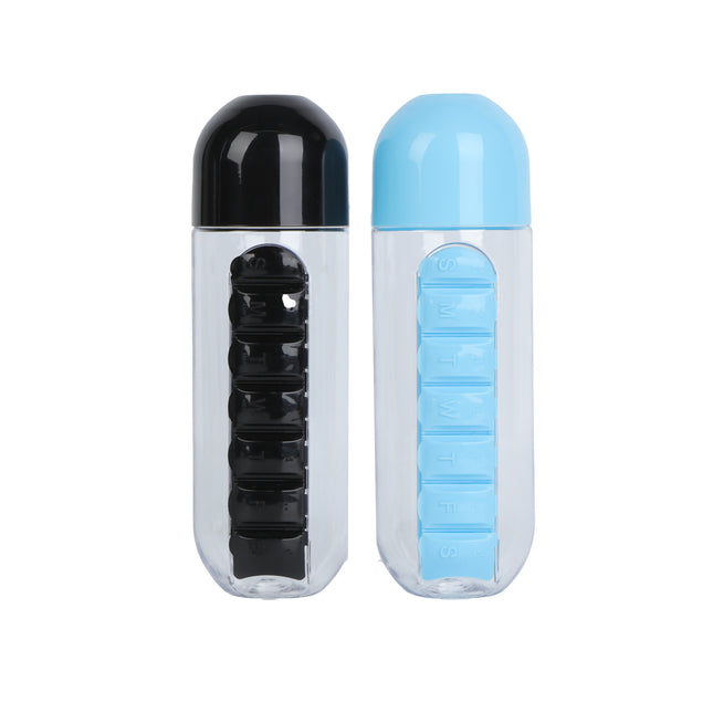Drinkfles + pillendoos 600 ml mix – Inhoud fles 600 ml, Afmeting Ø 7,5 x 23 cm