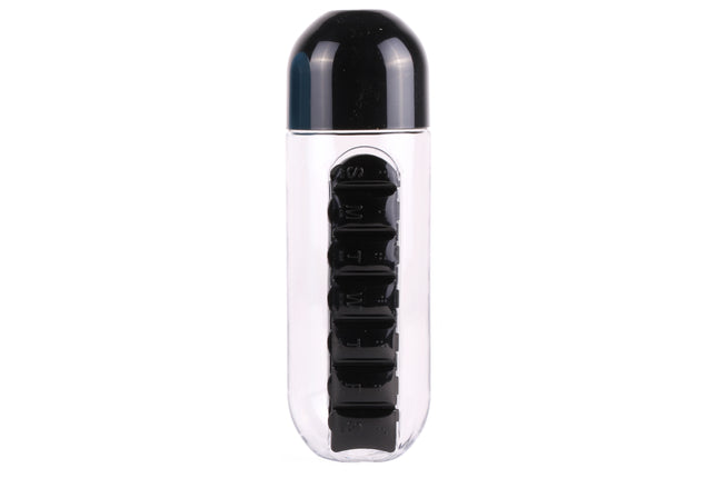 Drinkfles + pillendoos 600 ml mix – Inhoud fles 600 ml, Afmeting Ø 7,5 x 23 cm