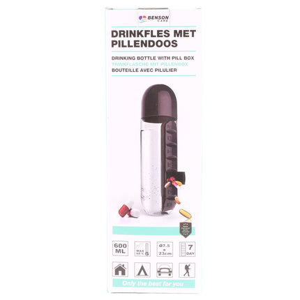 Drinkfles + pillendoos 600 ml mix – Inhoud fles 600 ml, Afmeting Ø 7,5 x 23 cm