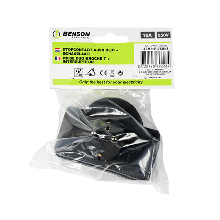 A-pin Steckdose + Schalter Schwarz 230V, ideal für den BE/FR-Markt
