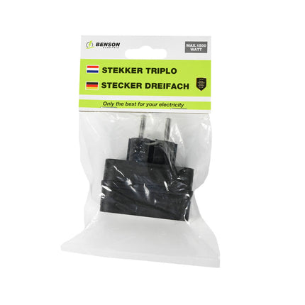 Stekker Triplo Zwart, 3x Platte Aansluiting, 1500W, Voor Elektronica