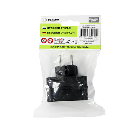 Stekker Triplo Zwart, 3x Platte Aansluiting, 1500W, Voor Elektronica