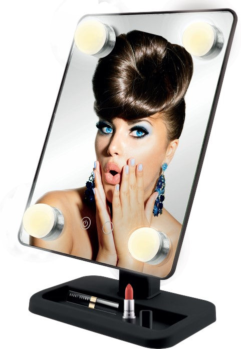Make-up spiegel 4 LED hollywood zwart – 2 licht modi koel wit en warm wit, Kleur zwart