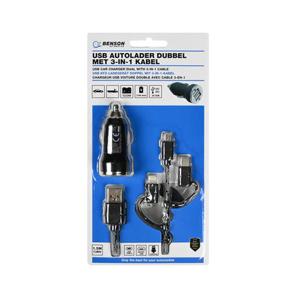 Autoladegerät 2,4A 12-24V mit 1,5m 3-in-1 Kabel für PKWs und LKWs