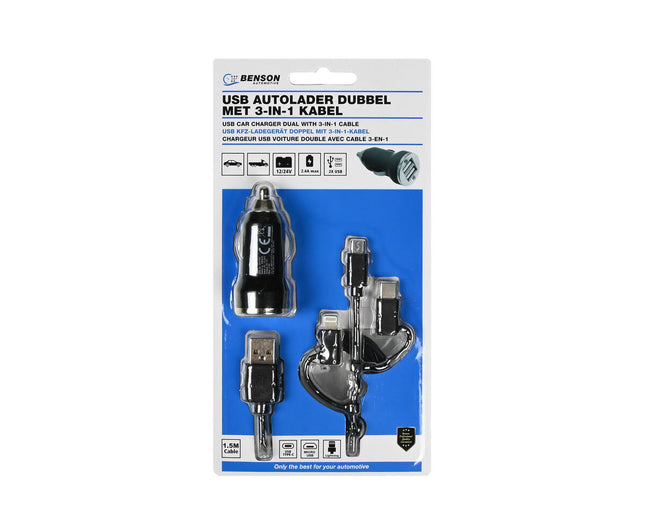 Autoladegerät 2,4A 12-24V mit 1,5m 3-in-1 Kabel für PKWs und LKWs