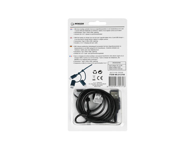 Autoladegerät 2,4A 12-24V mit 1,5m 3-in-1 Kabel für PKWs und LKWs