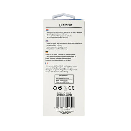 Autolader Type-C, 1.2m, 12-24V, Snel Opladen voor Auto Trips