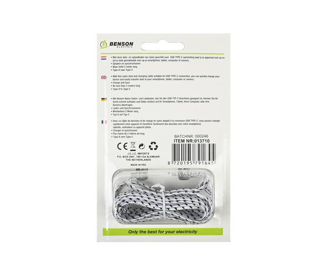 2m Nylon USB-C Kabel, 2.1A, 5V, voor Smartphones en Laptops